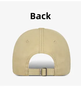 Detail view of khaki baseball cap back with adjustable strap and metal buckle