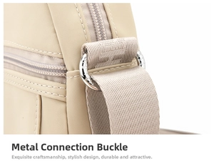 Detail of beige nylon crossbody bag showing durable metal D-ring and precise stitching