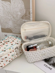 Cute floral quilted cotton cosmetic bag with bear embroidery and mesh organizer pockets