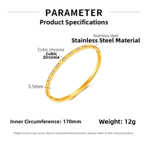 Detailed parameter chart showing 3.5mm width and 170mm length for gold zircon bangle