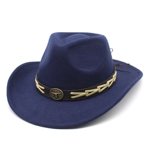 Dark blue western cowboy felt hat featuring cattleman crown and bull head buckle band