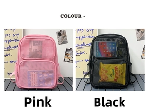 Pink and black mesh backpacks featuring transparent main compartments and front zip pockets