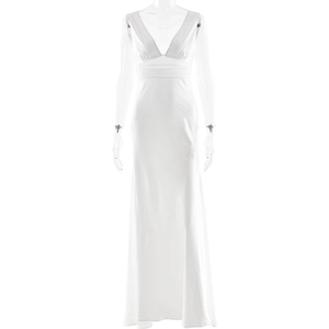 Elegant white V-neck sleeveless chiffon maxi evening dress with a high waist and pearl trim
