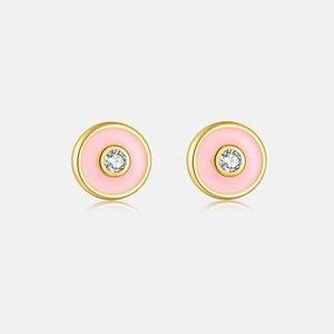 Detail of S925 silver stud earring with pink enamel and round crystal center