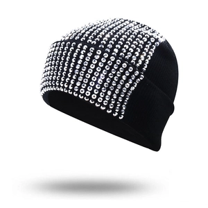 Rhinestone Studded Acrylic Knit Beanie Warm Winter Cuffed Solid Color Fashion Headwear For Men Women