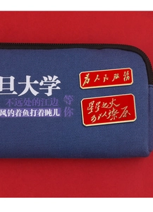 Close-up of enamel metal badges with gold trim on a navy canvas zipper bag with red background