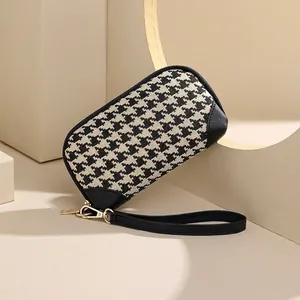 Women Houndstooth Canvas Clutch Bag Vintage Large Capacity Wristlet Purse With Zipper Splicing Handbag For Daily Phone Storage
