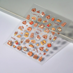 3D embossed cartoon capybara nail stickers with burgers and fries icons, style FEB-776