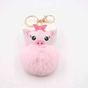 Cute Cartoon Pig Pom Pom Keychain PU Leather Animal Keyring For Women Bag Charm Soft Artificial Fur Ball Accessory Gift