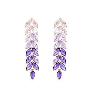Elegant gold drop earrings with leaf-shaped purple gradient cubic zirconia stones