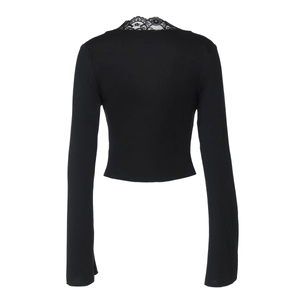 Detailed back view of a black long-sleeved crop top with elegant lace trim neckline