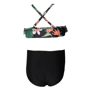 Detail of bikini with tropical floral print, cross back straps and high waist bottom