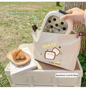 Detail of insulated lunch bag with cartoon toast print and large capacity for food storage