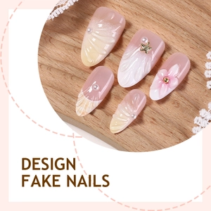 Handmade press-on nails set with 3D white shell texture, pink flowers and pearl accents