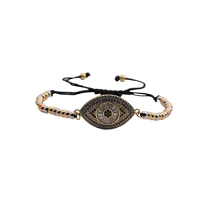 Adjustable Evil Eye bracelet with gold-plated copper zircon beads and black braided cord