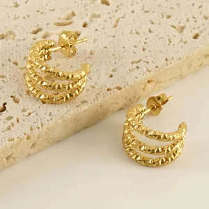 Stainless Steel Hoop Earrings 18K Gold Plated Multi Layered Textured U Shaped Minimalist Fashion Jewelry For Women
