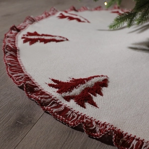 48 inch knitted Christmas tree skirt with red tassels and 3D cedar embroidery patterns