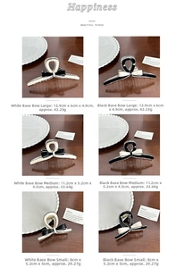Detailed size chart for acetate bow hair claws showing small to large dimensions