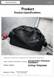 Detailed dimensions of the black nylon travel bag showing 42x25x24cm size specifications