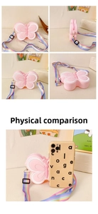Sac papillon en silicone rose avec bandoulière arc-en-ciel et fermeture éclair enfant