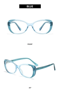 Front and 45-degree angle detail of blue cat-eye frames with transparent finish