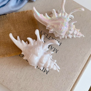Close-up of shell-shaped acrylic hair claws in iridescent white on a linen book