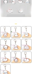 Guide des tailles détaillé et plusieurs modèles de porte-clés chien en acrylique