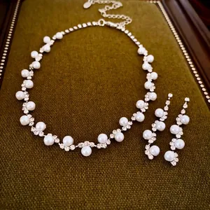 Choker wavy pearl necklace and earrings set with micro-inlaid rhinestones for women