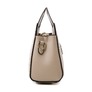 Elegant beige crocodile texture handbag with gold hardware shown from a side profile view