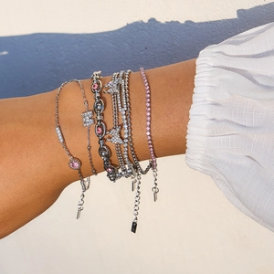 Titanium steel bracelet set with pink cubic zirconia and butterfly charms for women