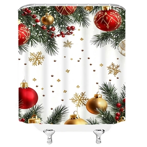 Christmas shower curtain with red and gold baubles, pine needles and snowflakes