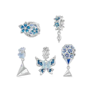Blue enamel and S925 sterling silver flower butterfly charms collection for DIY jewelry