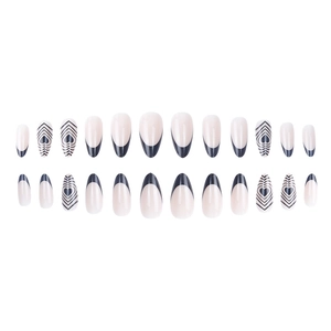 24er Set mandelförmige künstliche Nägel mit schwarzen French Tips und Herzmustern auf Weiß