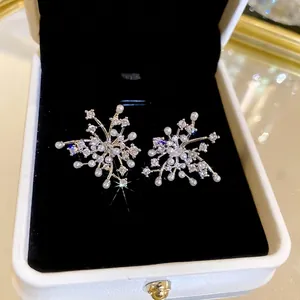 Snowflake Star Stud Earrings With Zircon And Faux Artificial Pearl 925 Sterling Silver Earring Post Sparkly Elegant Women Jewelry