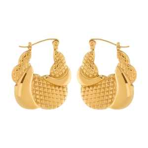 Golden geometric hollow shrimp-style stainless steel earrings with textured surface