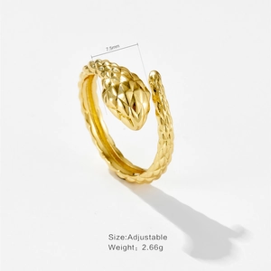Detailed specs of the golden snake ring showing adjustable size and 7.5mm head width
