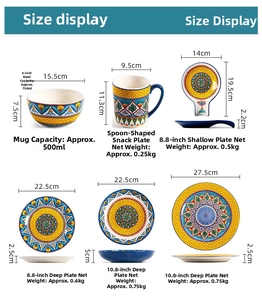 Size specifications for hand-painted ceramic tableware including bowls, plates and mugs
