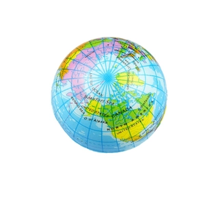 Close-up of PU foam earth stress ball showing detailed world map print and meridians