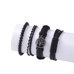 Men's multilayer braided leather bracelet set with tree of life charm and black beads