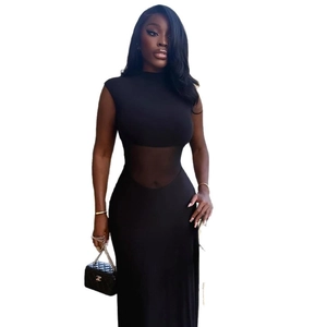 Elegant sleeveless high neck maxi dress with sheer mesh waist panel in black