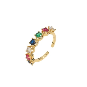 Rainbow cubic zirconia open ring in gold finish with minimalist adjustable band