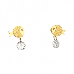 Golden frosted fish earrings with clear round crystal pendant on a white background