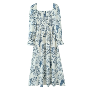 Detail of square neck and smocked chest on blue floral print long sleeve dress