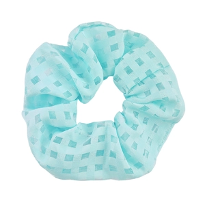 Mint green checkered organza scrunchie with elastic chiffon texture on white background