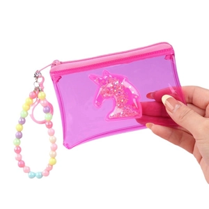 Pink transparent unicorn square coin purse with glitter sequins and colorful bead strap