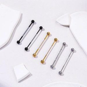 Three pairs of stainless steel industrial barbell piercings with cubic zirconia in colors