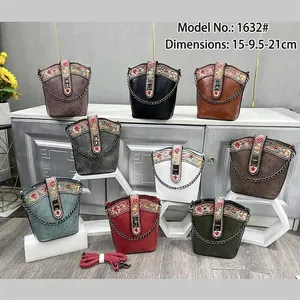 Chinese style floral embroidery bucket bag with metal chain in various colors