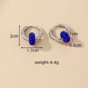 Vintage stainless steel hoop earrings with dark blue natural stone beads, 2cm size