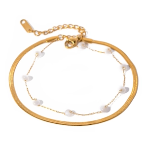 Double-layer 18K gold plated stainless steel snake chain anklet with white shell beads