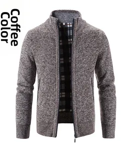 Detail of coffee brown knit cardigan with warm plaid lining and ribbed stand collar